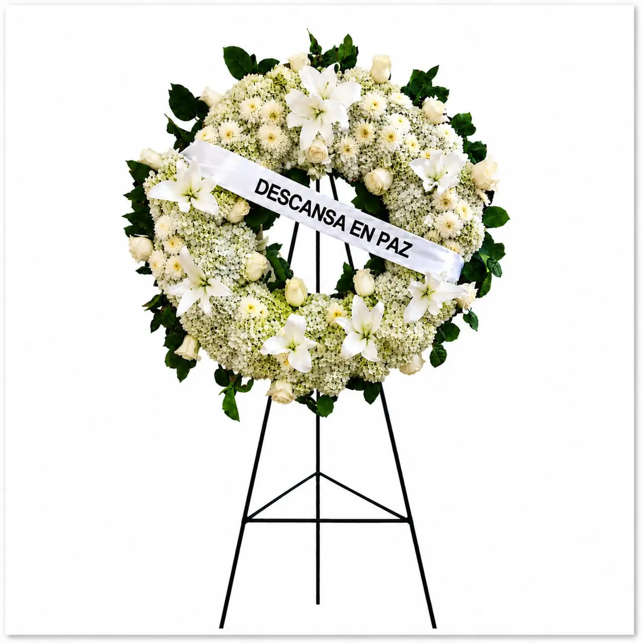 corona fúnebre circular blanca con cinta personalizable entrega en velorios en Lima hoy